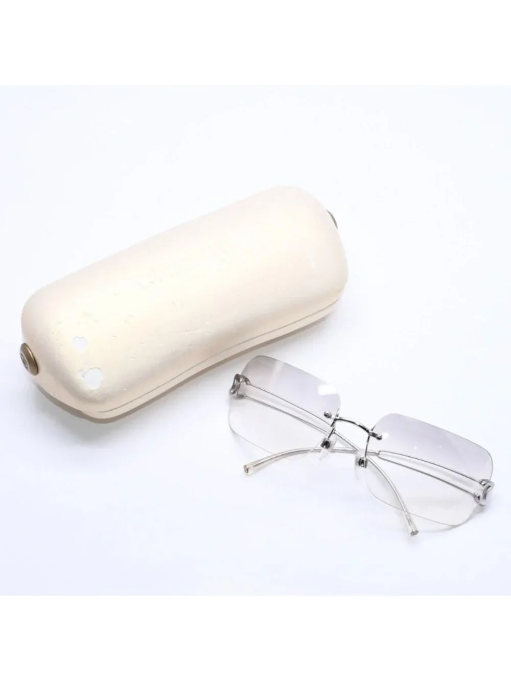 Chanel Rimless Sunglasses Side CC Logo Light Gray Gradient Silver Frame Eyewear